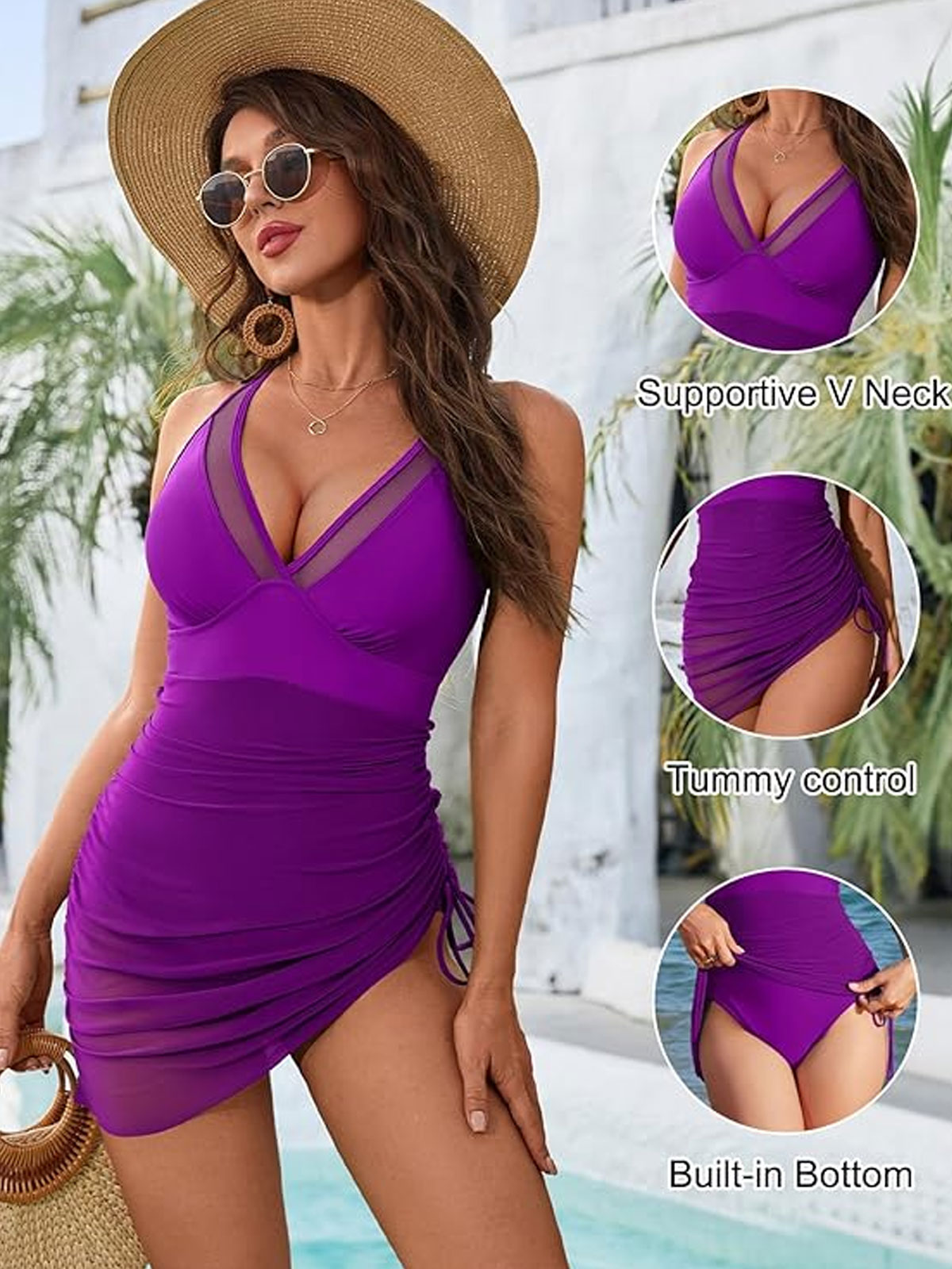 Tummy Control Mesh Sheer Sarong Wraps Women One Piece Swim Dress