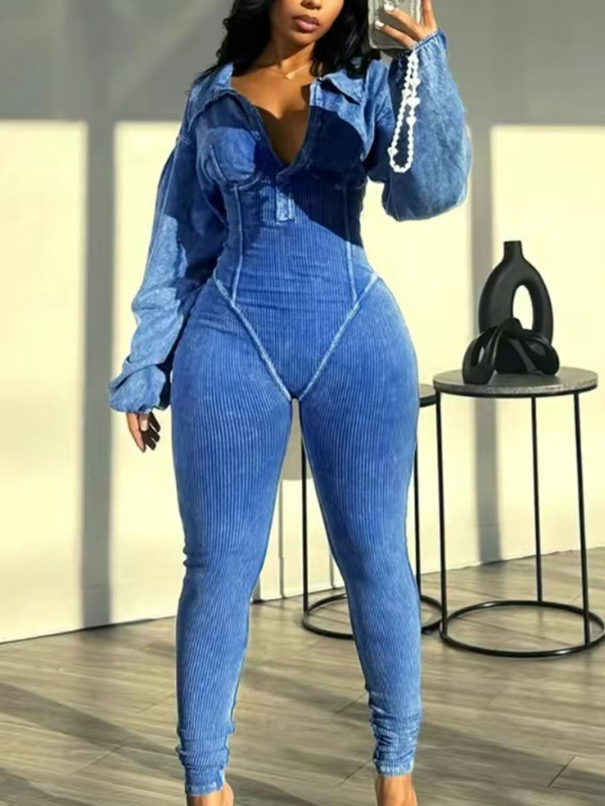 Women's V Neck Ribbed Slim Fit Washed Distressed Jumpsuit
