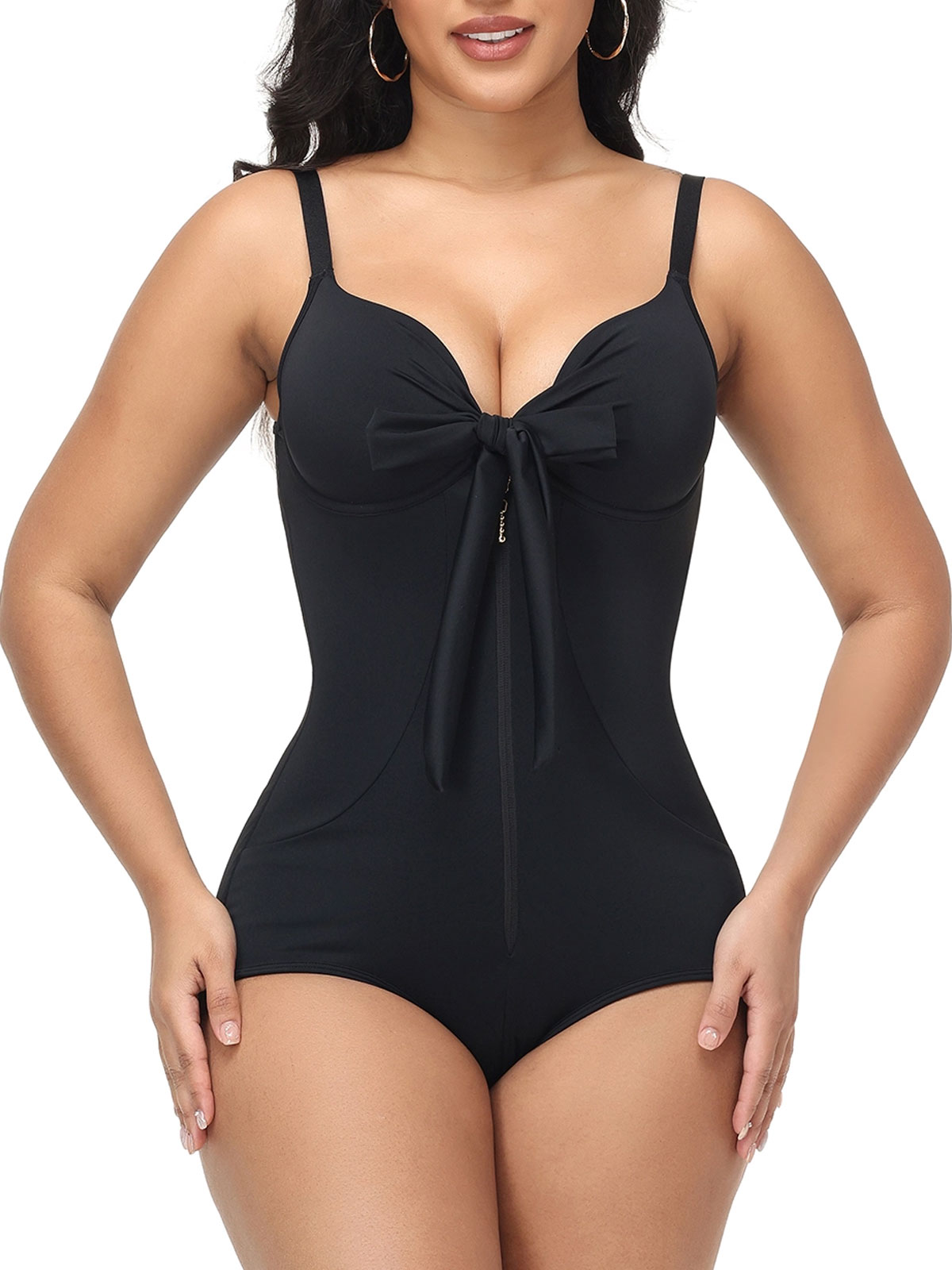 Shaping Deep V Neck Swimsuit with Zipper and Bow Decoration