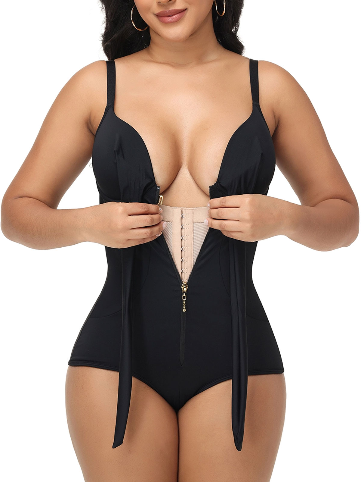 Shaping Deep V Neck Swimsuit with Zipper and Bow Decoration
