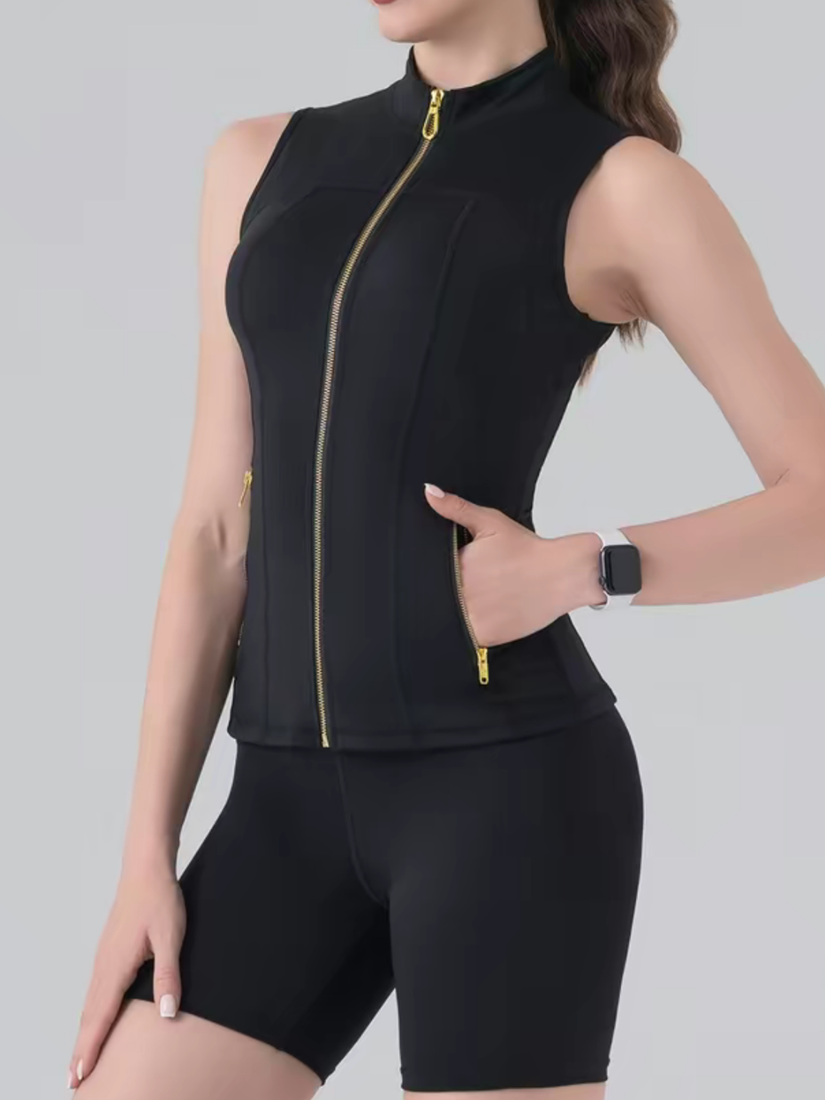 Gold Zipper Vest And Shorts Yoga Set