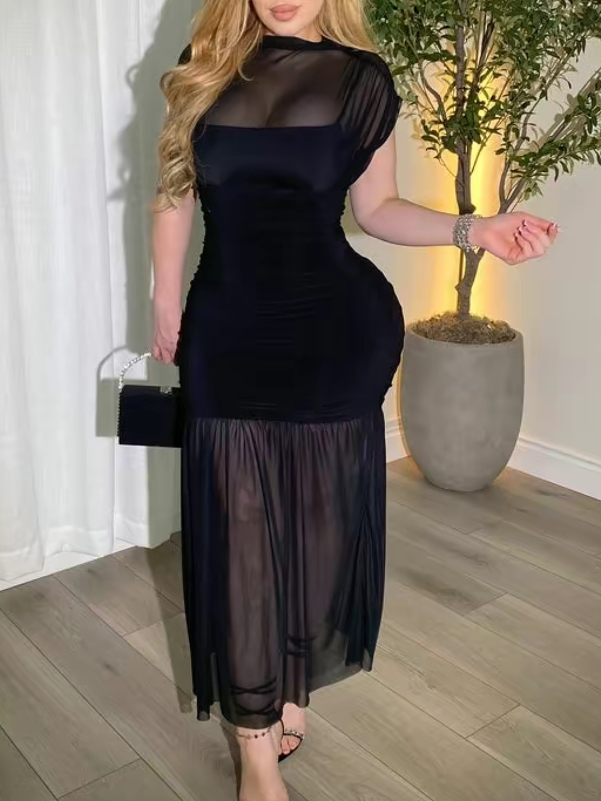 Black Mesh Paneled Fitted Long Dress