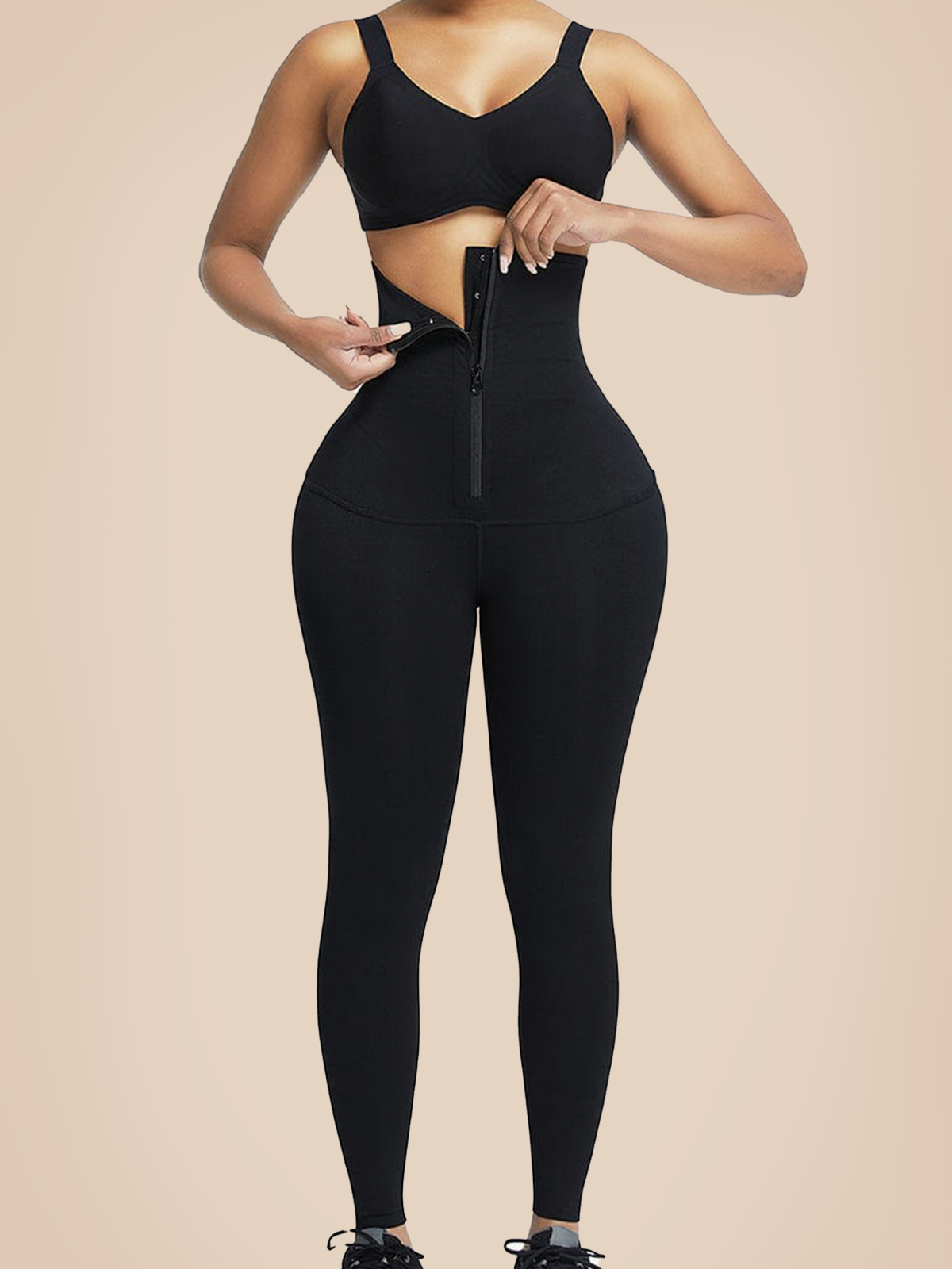 Black Waist Trainer 2-In-1 Leggings With Zipping Hourglass Figure
