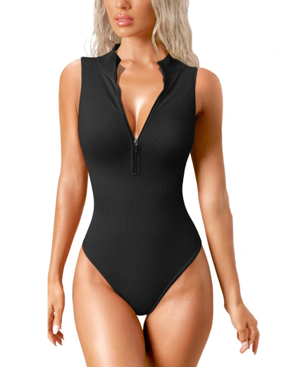 Sexy Ribbed Stretch Sleeveless Front Zipper Bodusuits