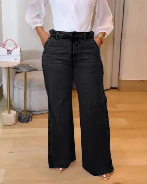 Women's Straight Leg Wide Legs High Waist Baggy Snap Button Side Jeans