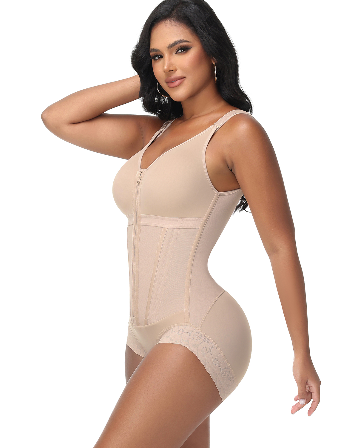 Double-Layer PowerMesh Hourglass Tummy Sculpt Zipper Bodysuit With Bra