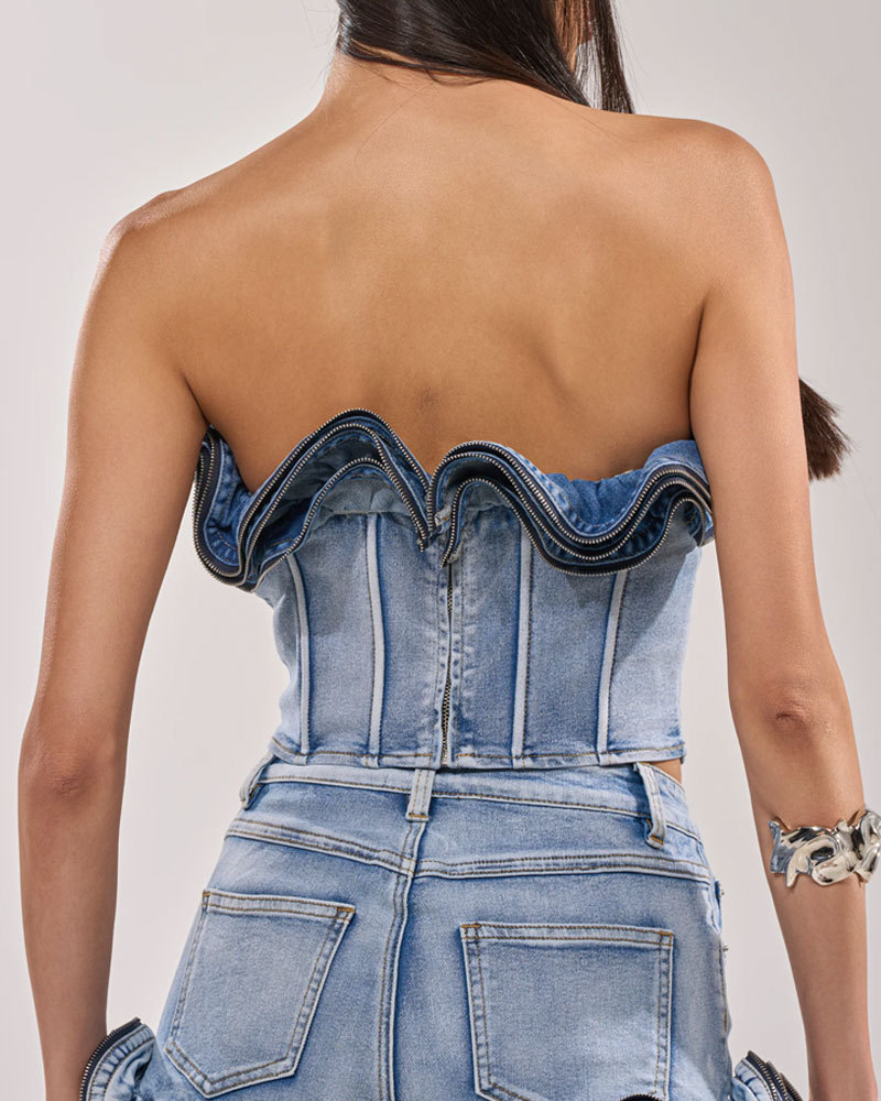 Wavy Ruffle Top For Women Demin Corset With Zipper