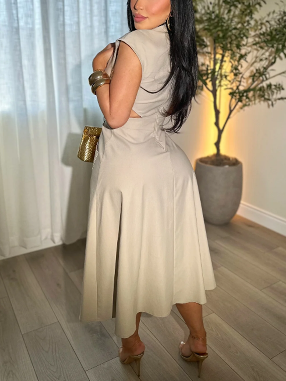 Business Suit Sleeveless Shirt Collar Dress Waist Hollow Design Long Skirt