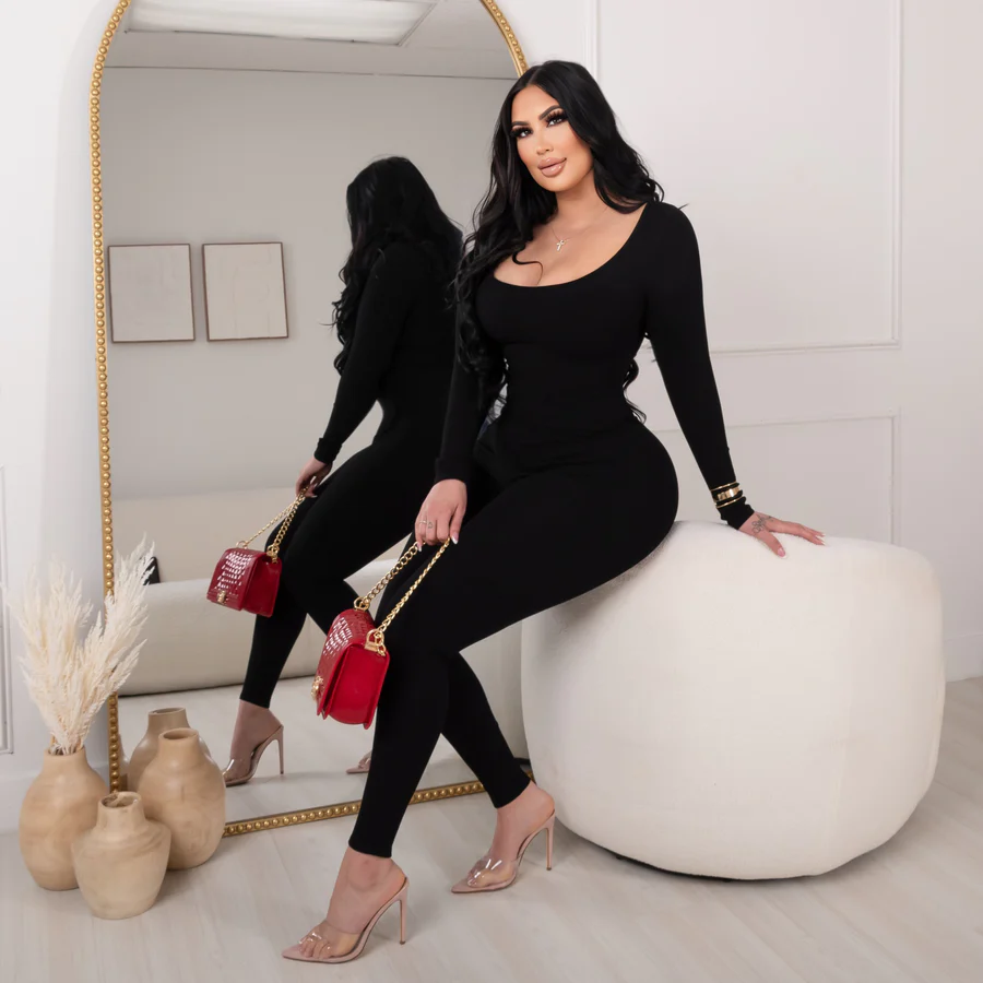 Long Sleeve Round Neck Bodysuit Snatched Jumpsuit