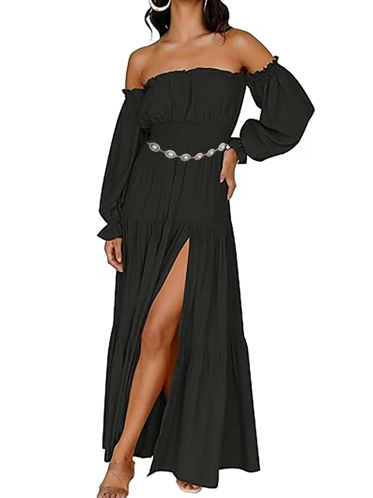 Women's Boho Sexy Off Shoulder Long Sleeve Maxi Dress High Waist Side Split A Line Tiered Long Dresses