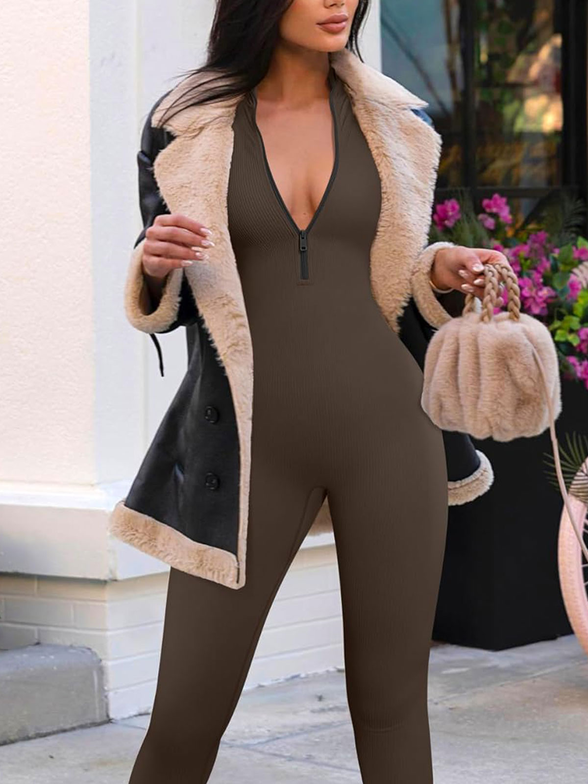 Yoga Jumpsuits Workout Ribbed Long Sleeve Zip Front Sport Jumpsuits