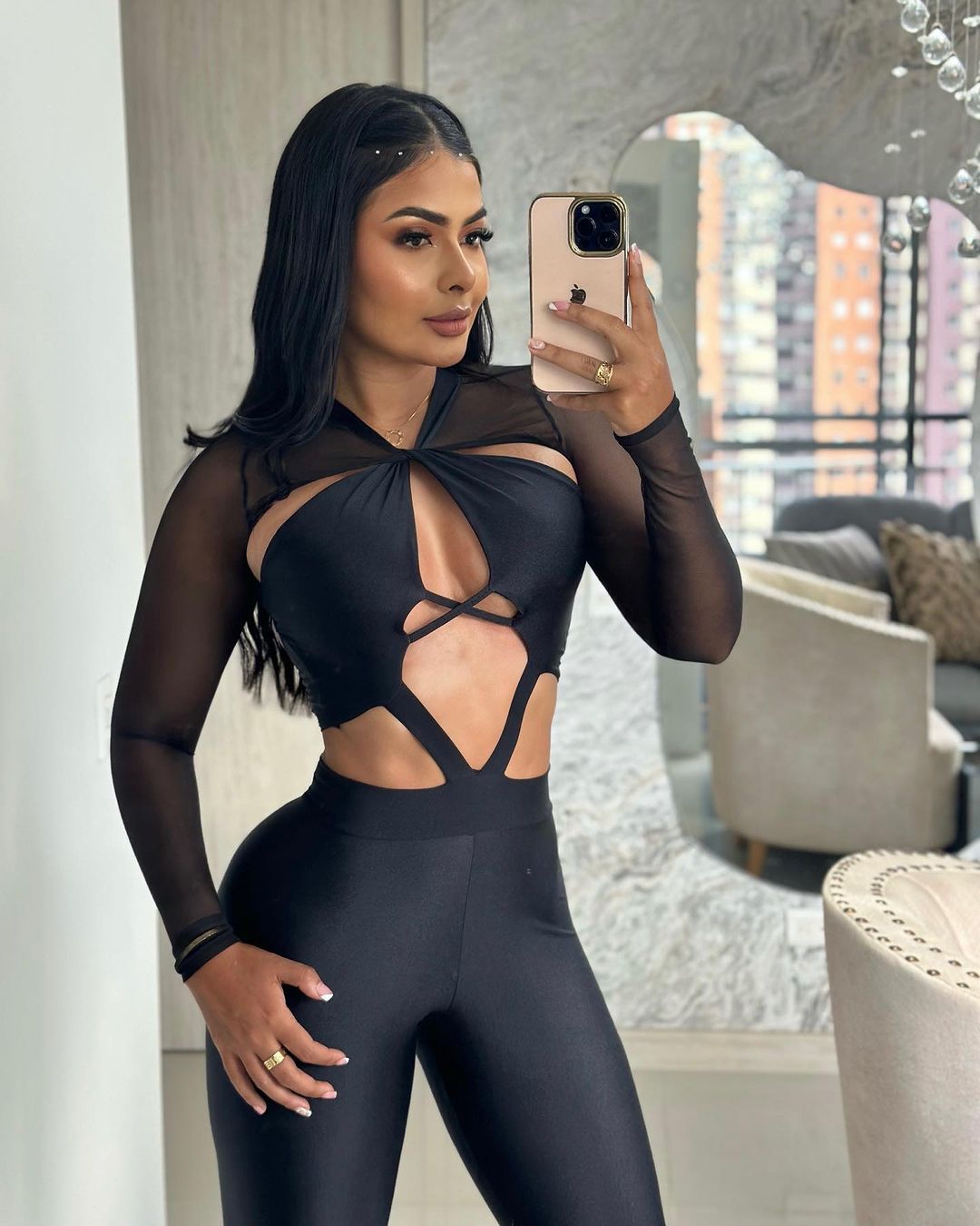 Cut Out Cross Chest Long Sleeve Jumpsuit