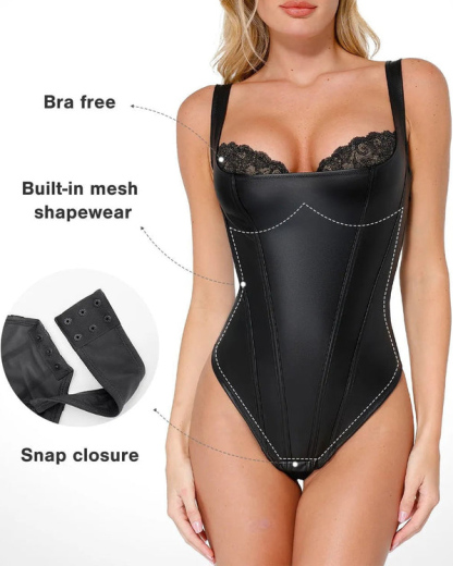 Shapewear Faux Leather Lace Balconette Sculpting Bodysuit