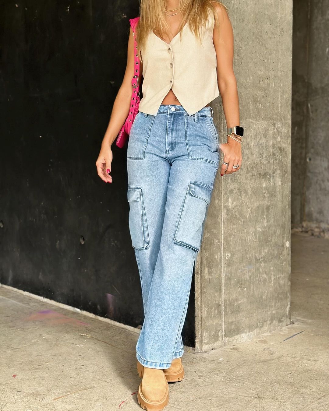 Rigid Straight Leg Cargo Jean Medium Light Blue-ChicCurve