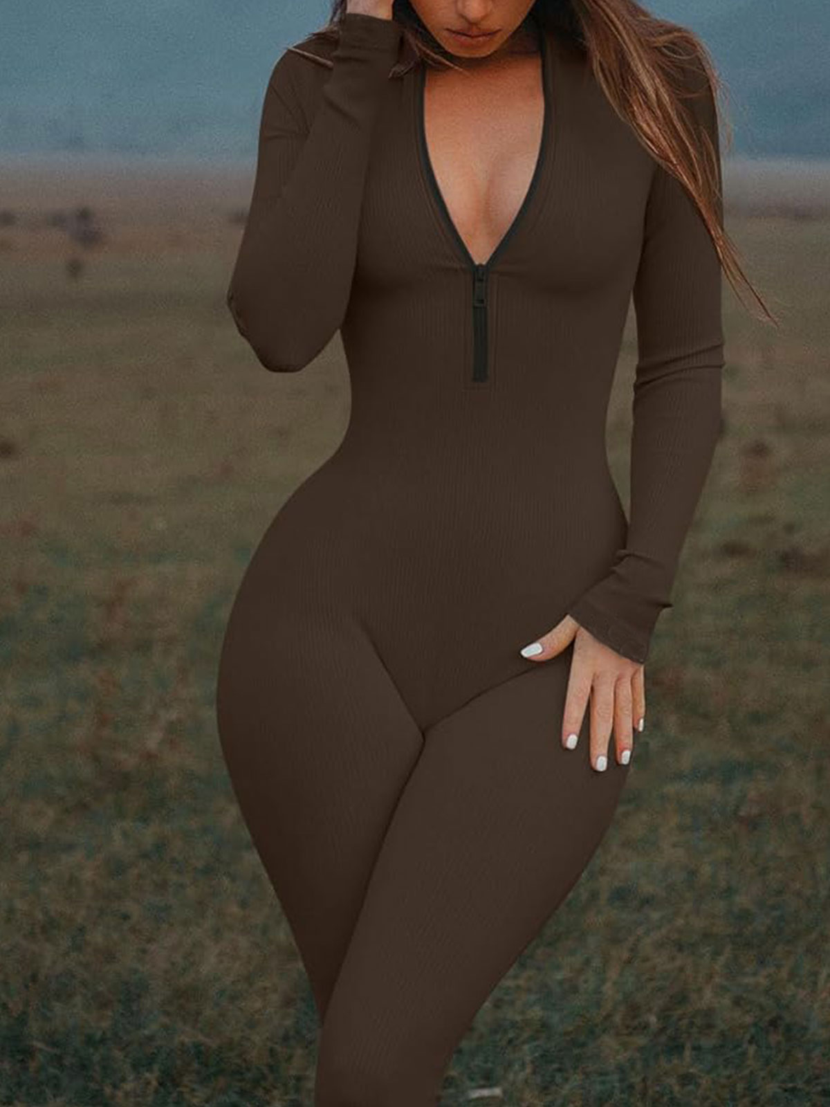 Yoga Jumpsuits Workout Ribbed Long Sleeve Zip Front Sport Jumpsuits