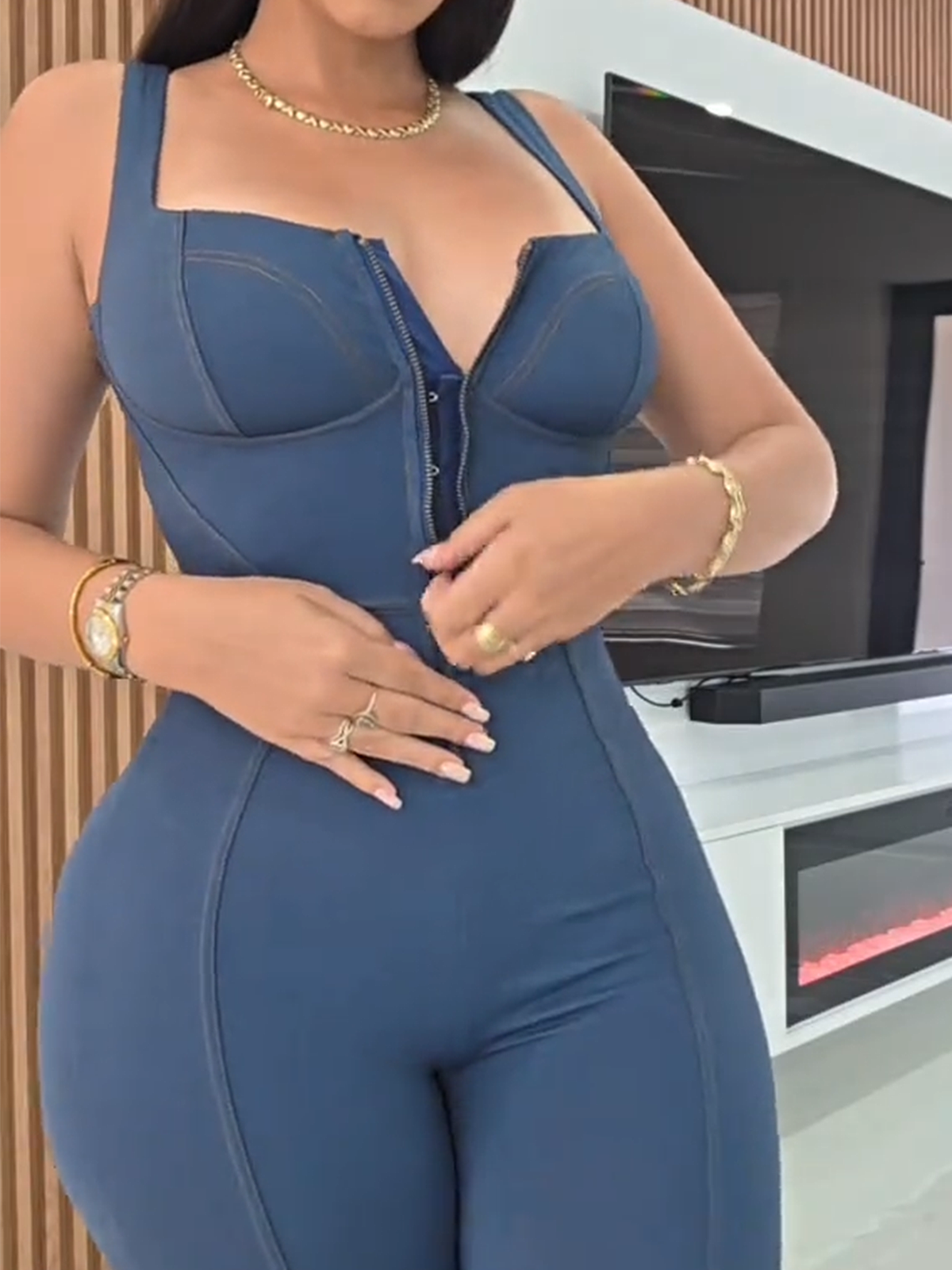 Women's Denim Bodysuit With Built In Shaping Function To Flatten The Tummy And Lift The Buttocks
