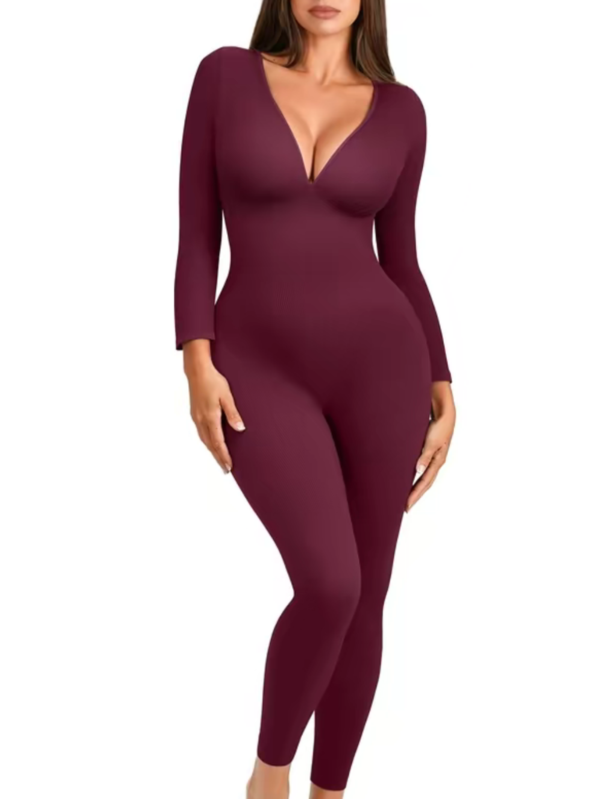 Long Sleeve Deep V Neck Jumpsuit Full Body Shapewear Tummy Control Bodysuit Catsuit