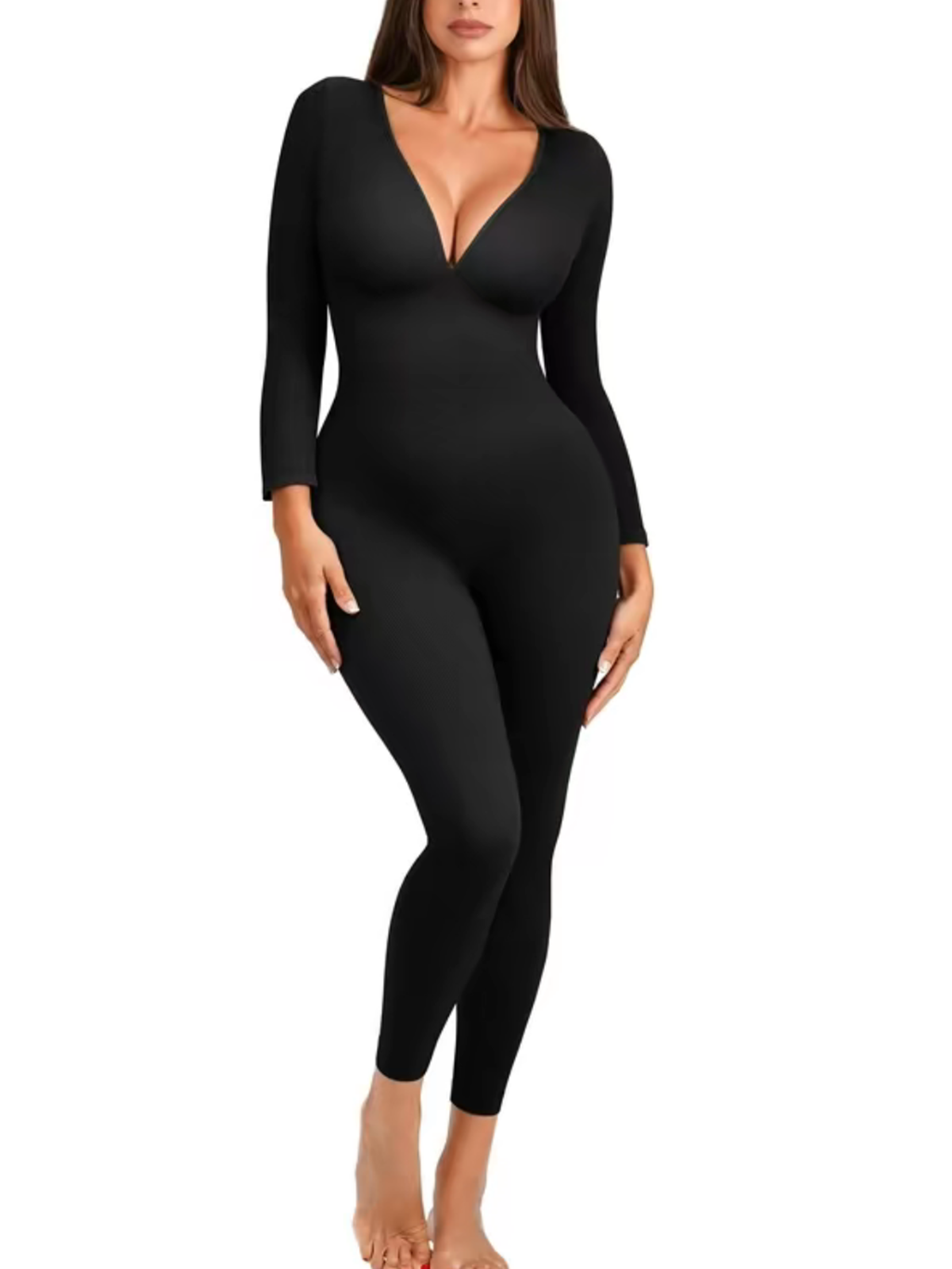 Long Sleeve Deep V Neck Jumpsuit Full Body Shapewear Tummy Control Bodysuit Catsuit