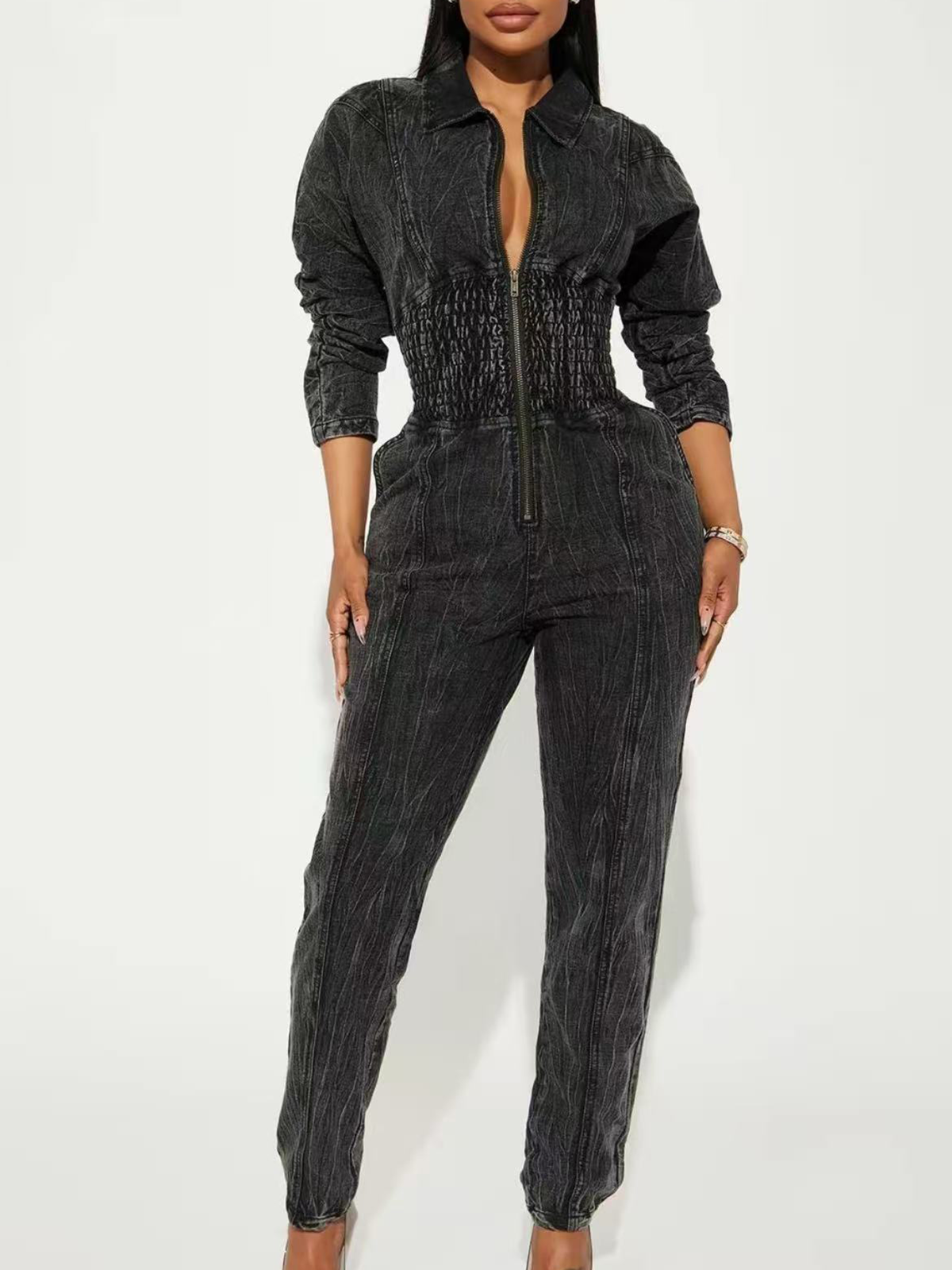 Long Washed Denim Jumpsuit With Widened Belly And Elastic Waist