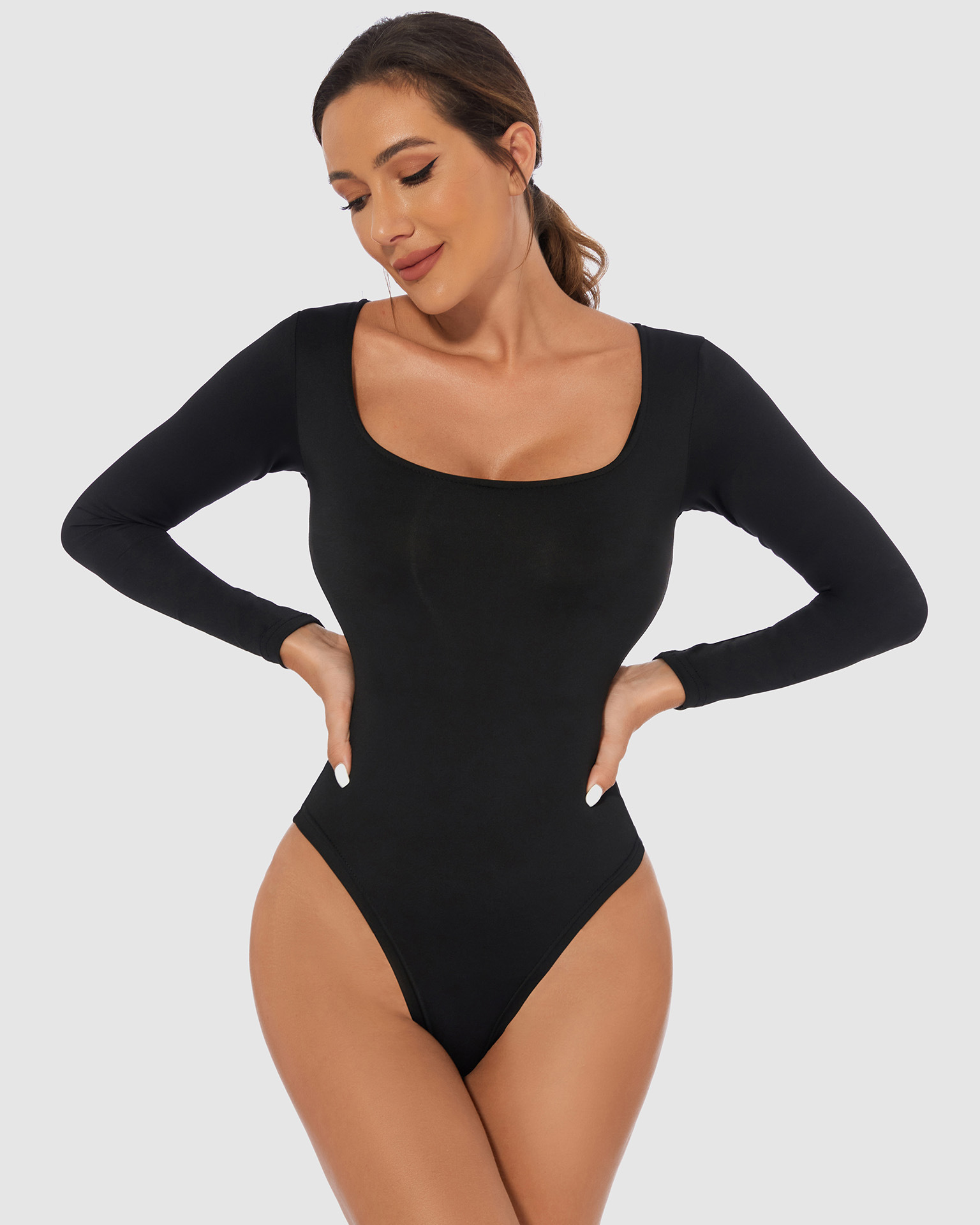 Square Neck Long Sleeves Skinny Bodysuit