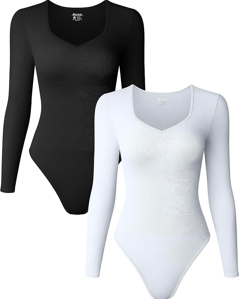Sweetheart V Neck Ribbed Long Sleeve Bodysuit
