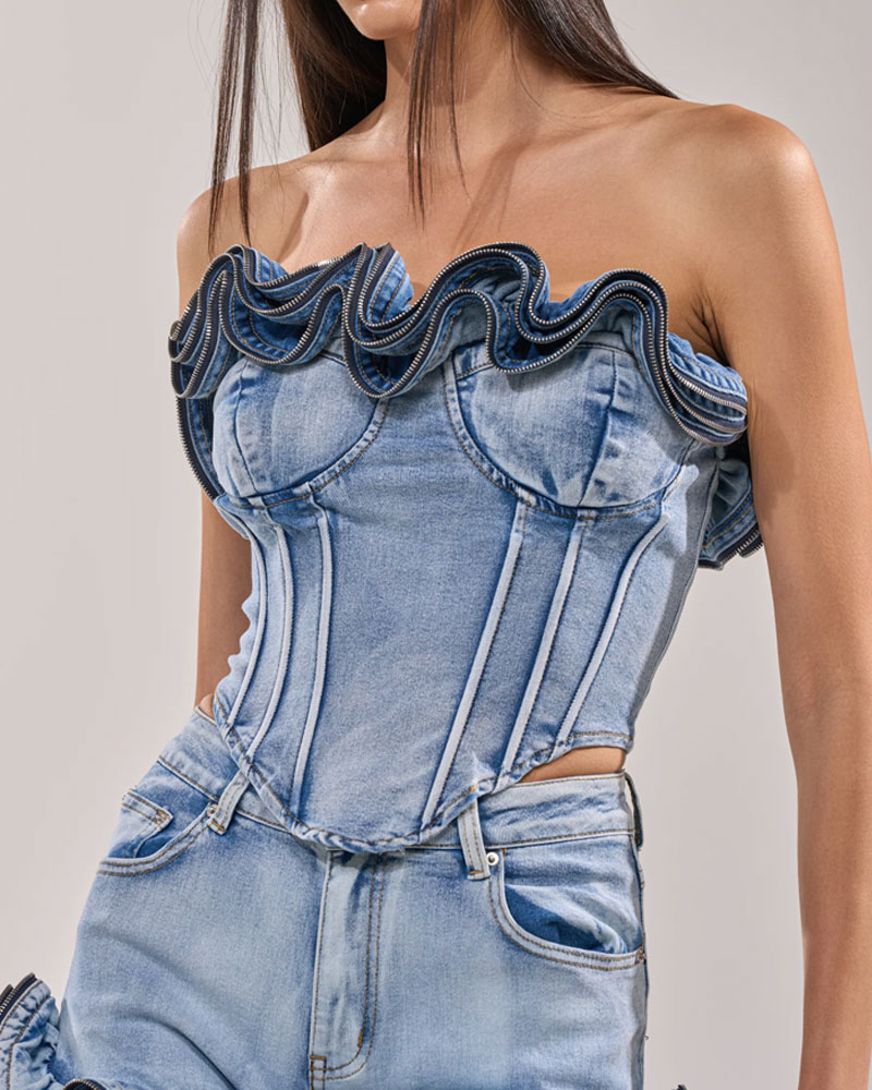 Wavy Ruffle Top For Women Demin Corset With Zipper