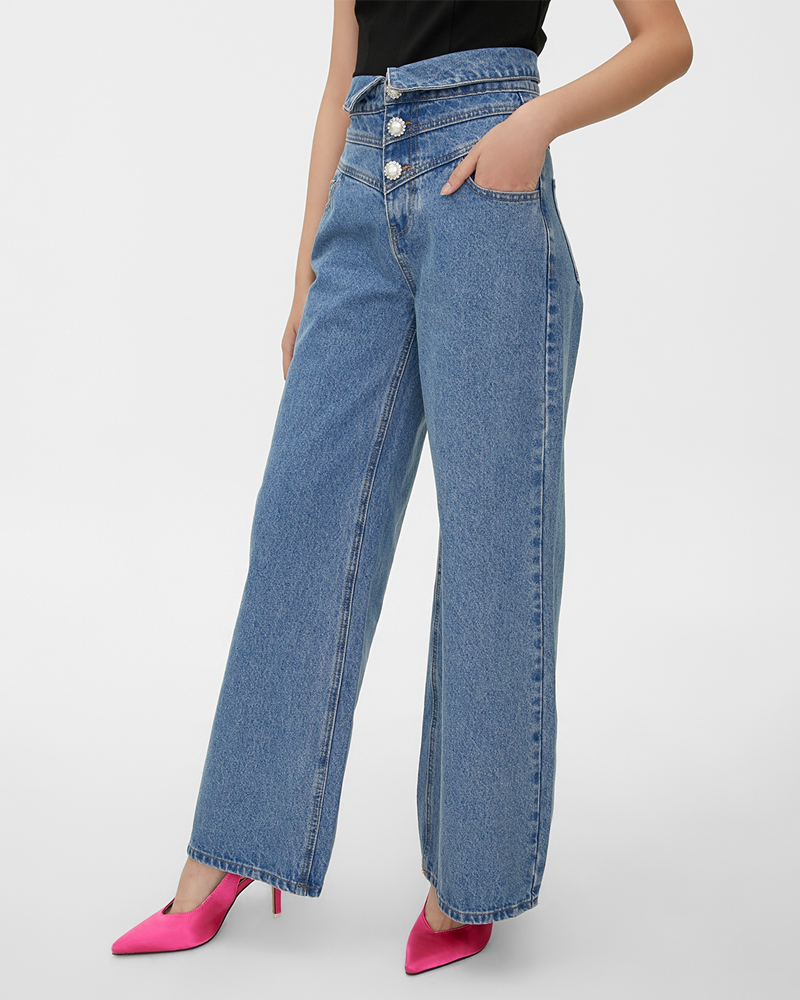 High-Waisted Buttons Jeans - Blue