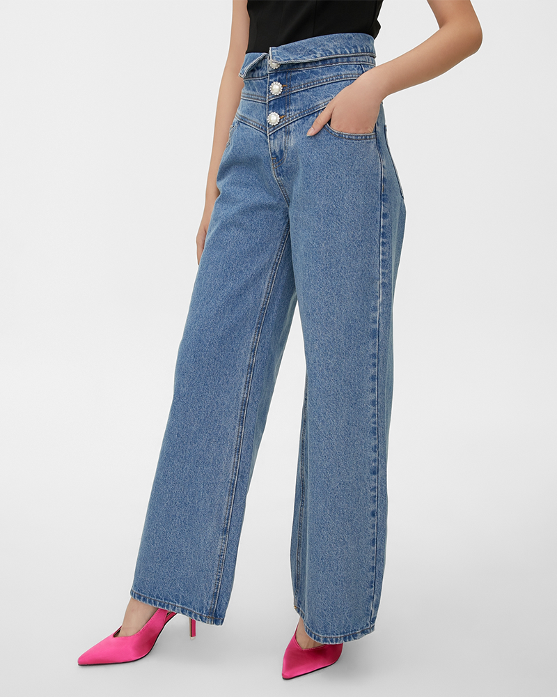 High-Waisted Buttons Jeans - Blue-ChicCurve