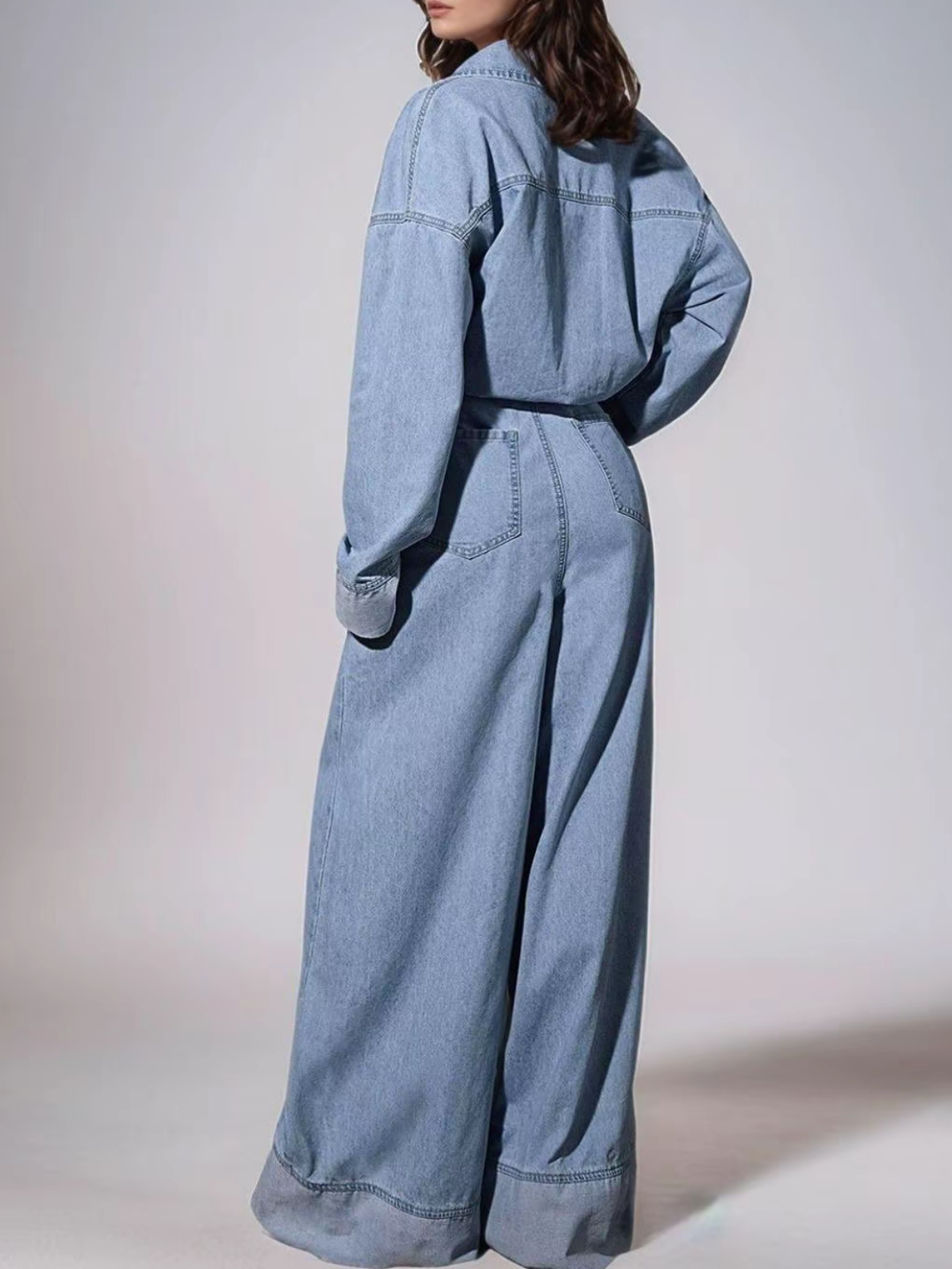 Women's Beltless Wide Leg Denim Jumpsuit With Pockets