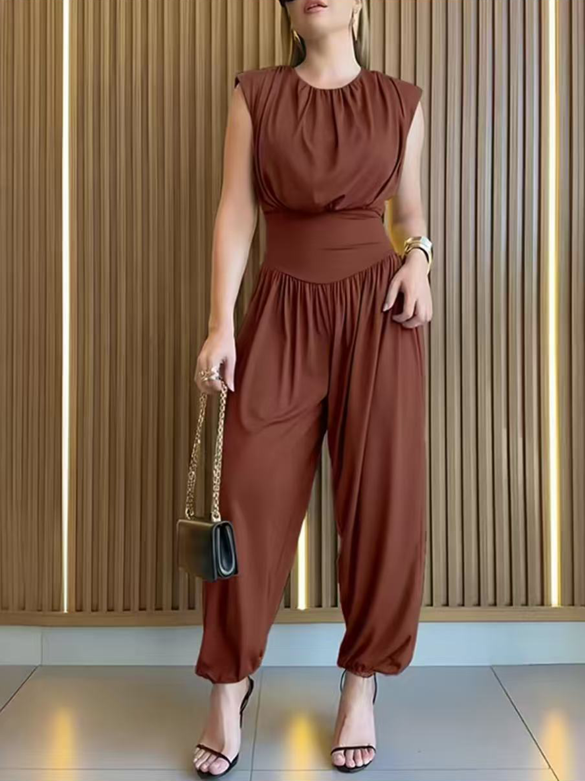 Women's Sleeveless Fitted Waist Open Back Pleated Side Slit Jumpsuit