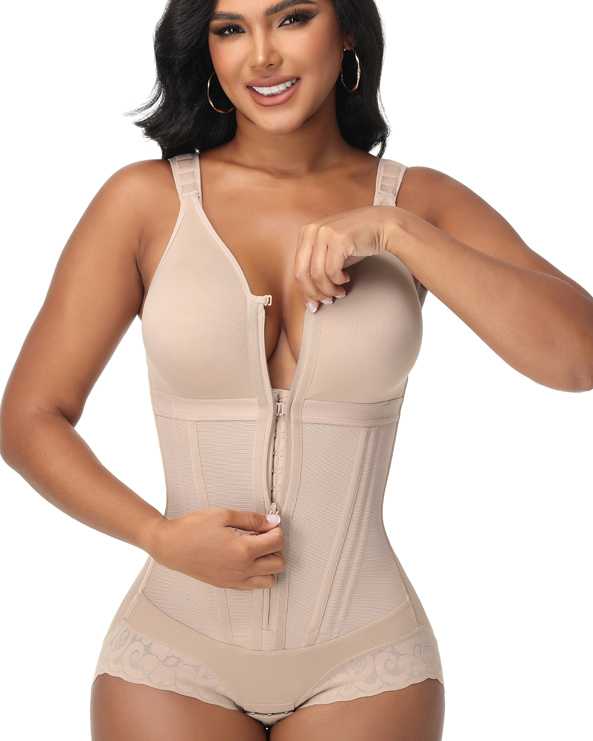 Double-Layer PowerMesh Hourglass Tummy Sculpt Zipper Bodysuit With Bra