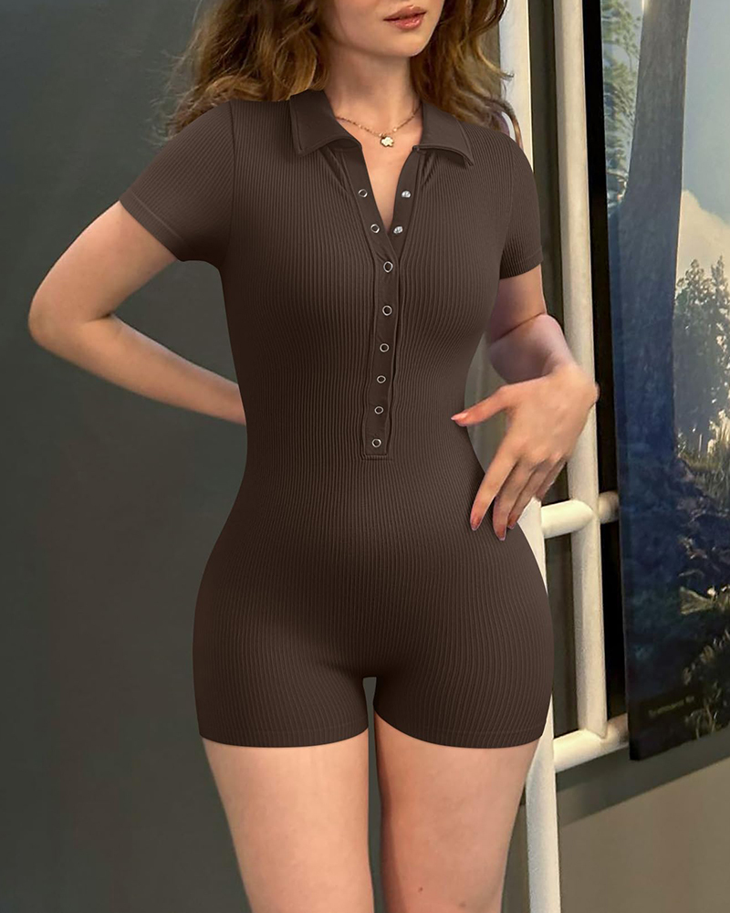 Ribbed V Neck Stretch Tummy Control Exercise Rompers