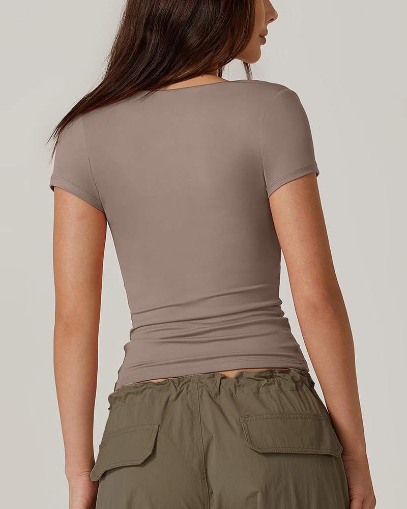 Square Neck Short Sleeve T Shirts Basic Tee Slim Fit Tops