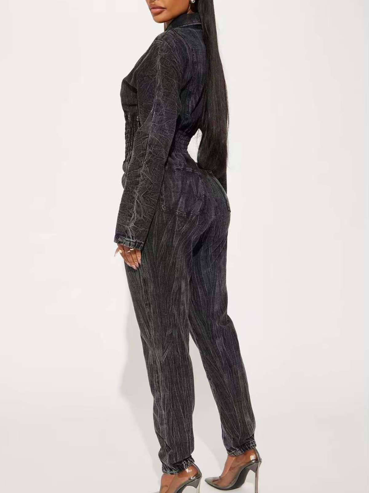 Long Washed Denim Jumpsuit With Widened Belly And Elastic Waist