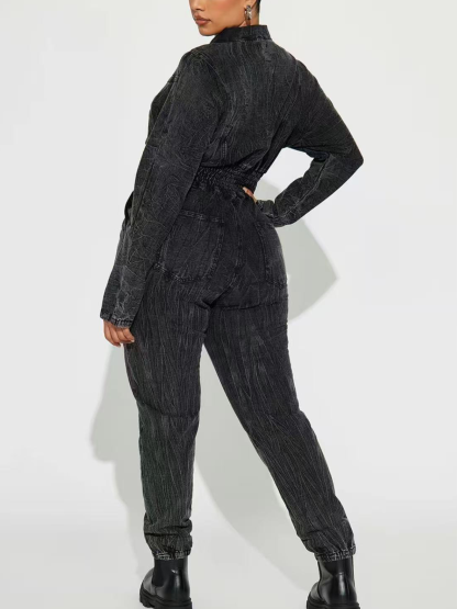 Long Washed Denim Jumpsuit With Widened Belly And Elastic Waist