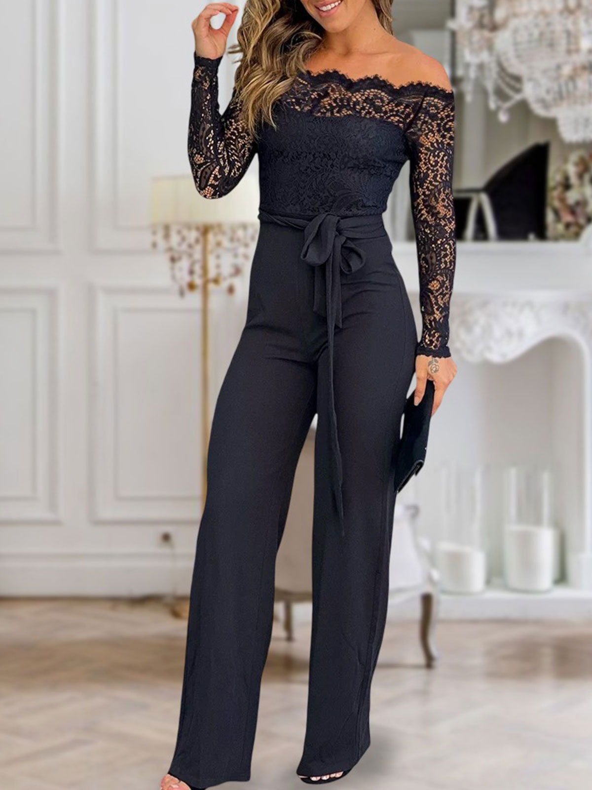 Off Shoulder Lace Patch Slim Fit Jumpsuit Tied Detail Casual Overalls