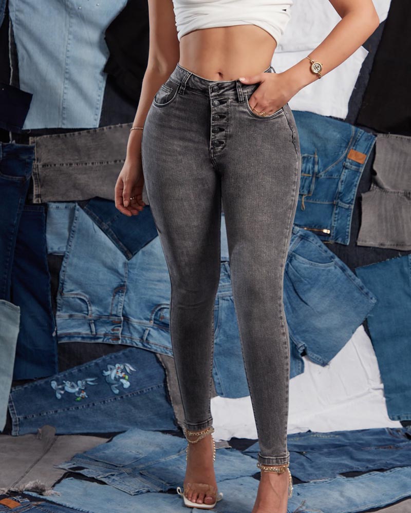 Smoke-Gray Breasted Skinny Jeans