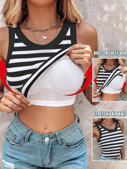 Striped Round Neck Built-in Bra Ribbed Tank Top