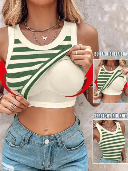 Striped Round Neck Built-in Bra Ribbed Tank Top