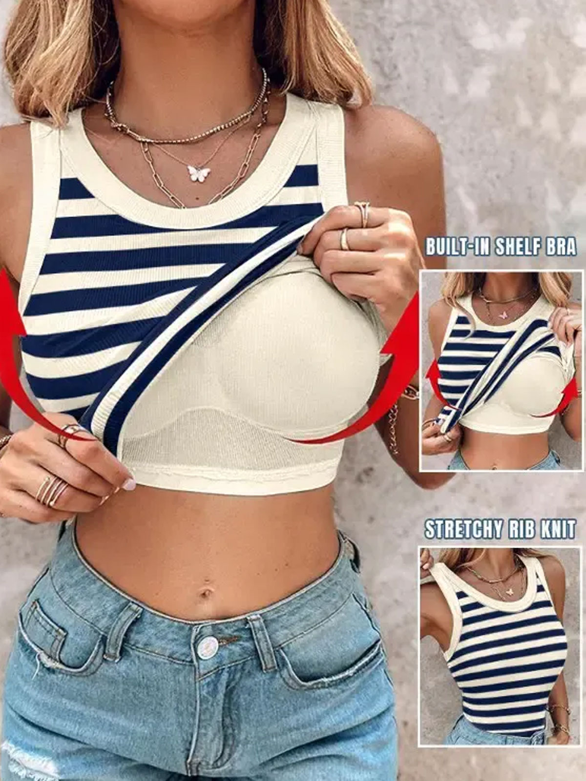 Striped Round Neck Built-in Bra Ribbed Tank Top