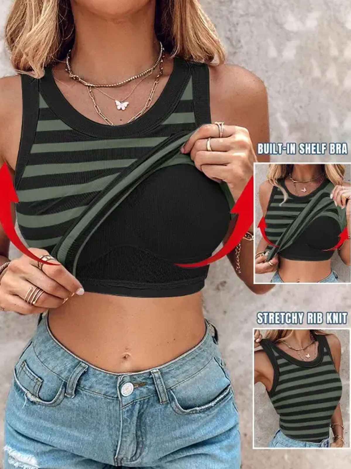 Striped Round Neck Built-in Bra Ribbed Tank Top