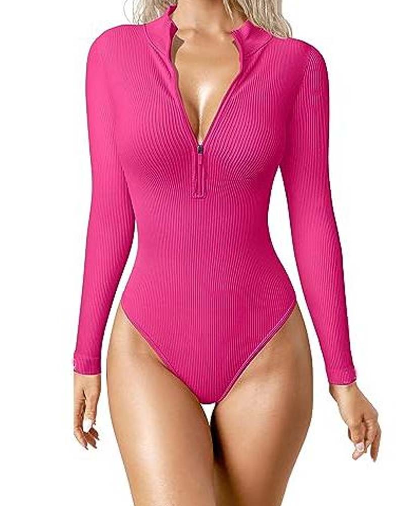 Zipper Front Long Sleeve Sexy Ribbed Long Sleeve Tights