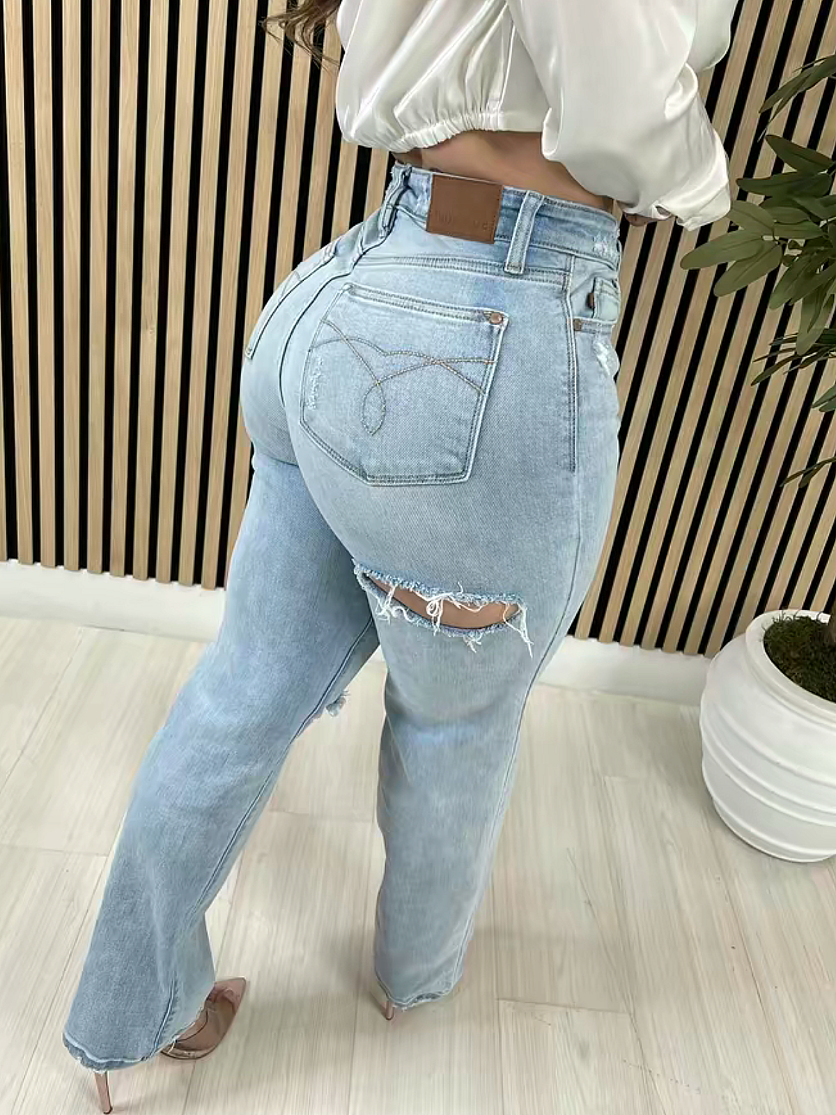 High Waisted Tummy Control Ripped Flared Jeans