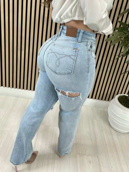 High Waisted Tummy Control Ripped Flared Jeans