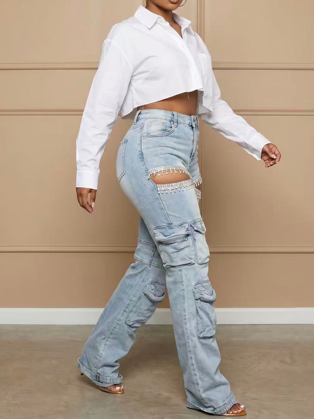 High Waist Rhinestone Fringe Cutout Wide Leg Cargo Denim Jeans
