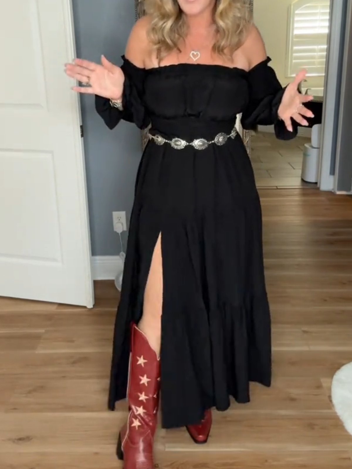 Women's Boho Sexy Off Shoulder Long Sleeve Maxi Dress High Waist Side Split A Line Tiered Long Dresses