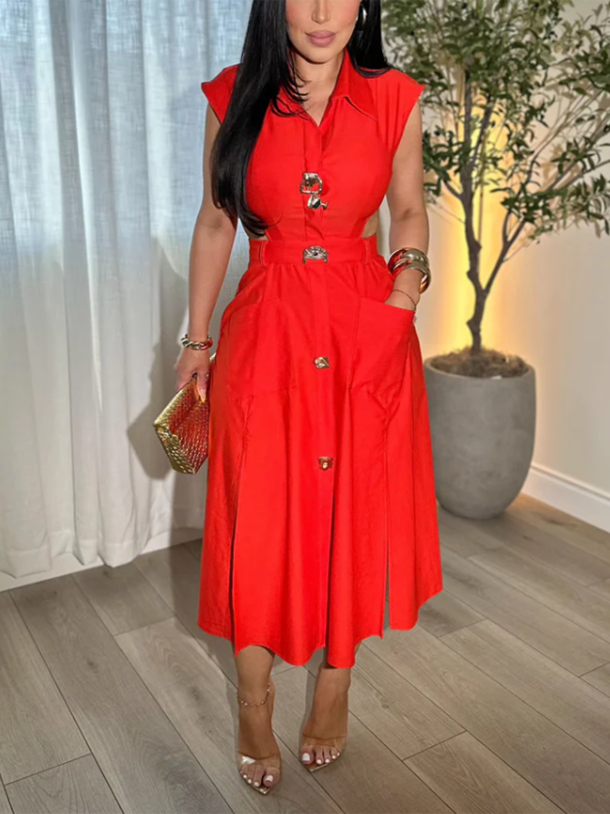 Business Suit Sleeveless Shirt Collar Dress Waist Hollow Design Long Skirt