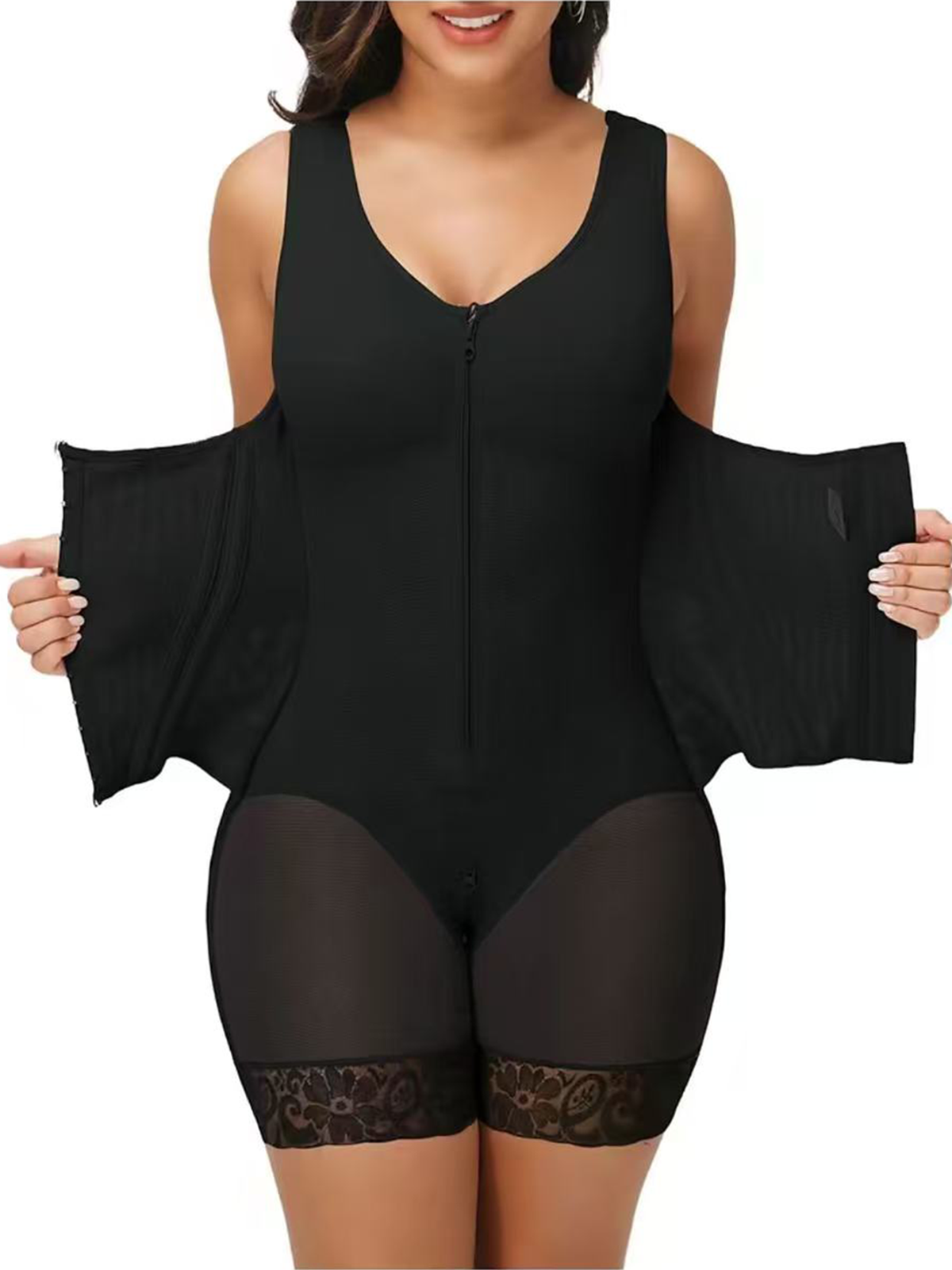 Faja Compression Shapewear For Women Double Layer Fabric Built In Bra Adjustable Straps Zipper Crotch Breathable