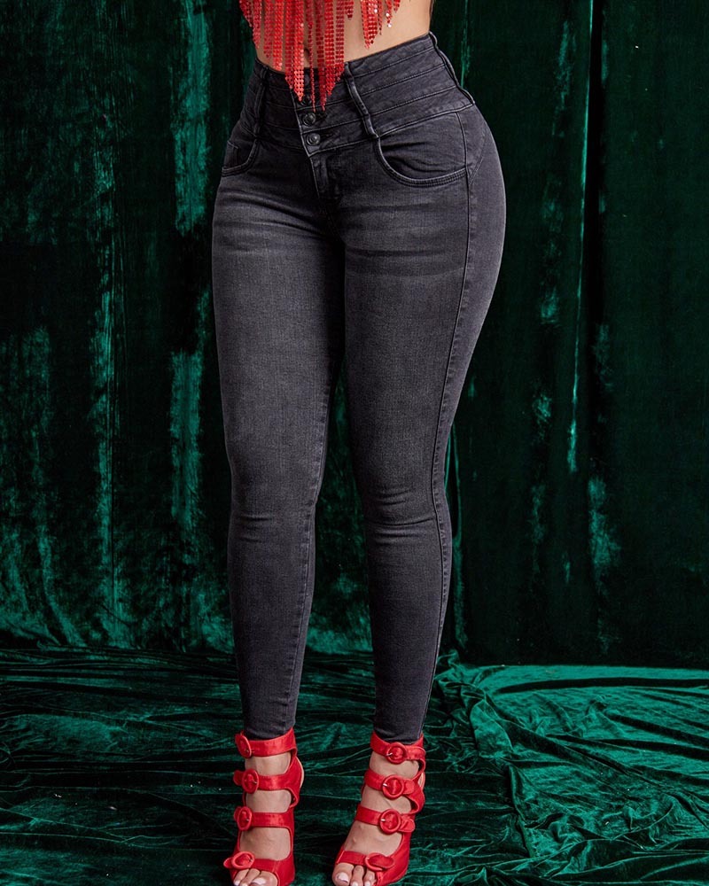 Smokey Gray Hip Lift High-Waisted Jeans-ChicCurve