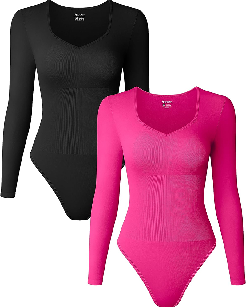 Sweetheart V Neck Ribbed Long Sleeve Bodysuit